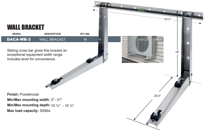 Daikin Wall Bracket DACA-WB-3 for Condenser Universal Up to 500LB Powder Coated